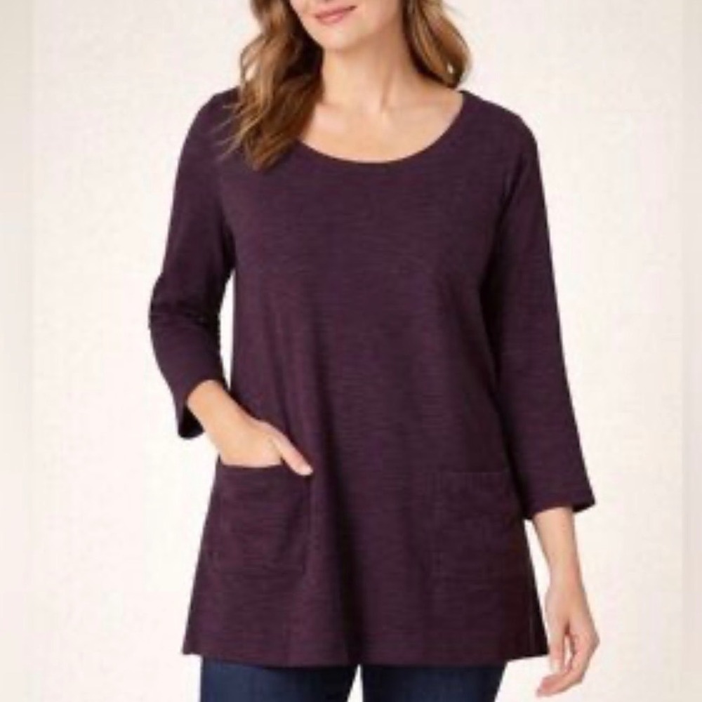 Pure Jill knit Tunic Top Women MP Eggplant Organic Cotton Slub Knit Lagenlook